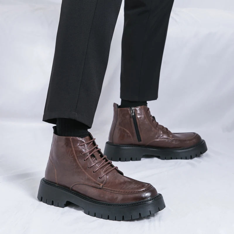 Fashion Men's Genuine Leather Casual Shoes Classic Outdoor Workwear Shoes Men's Motorcycle Boots Handsome Height Increasing