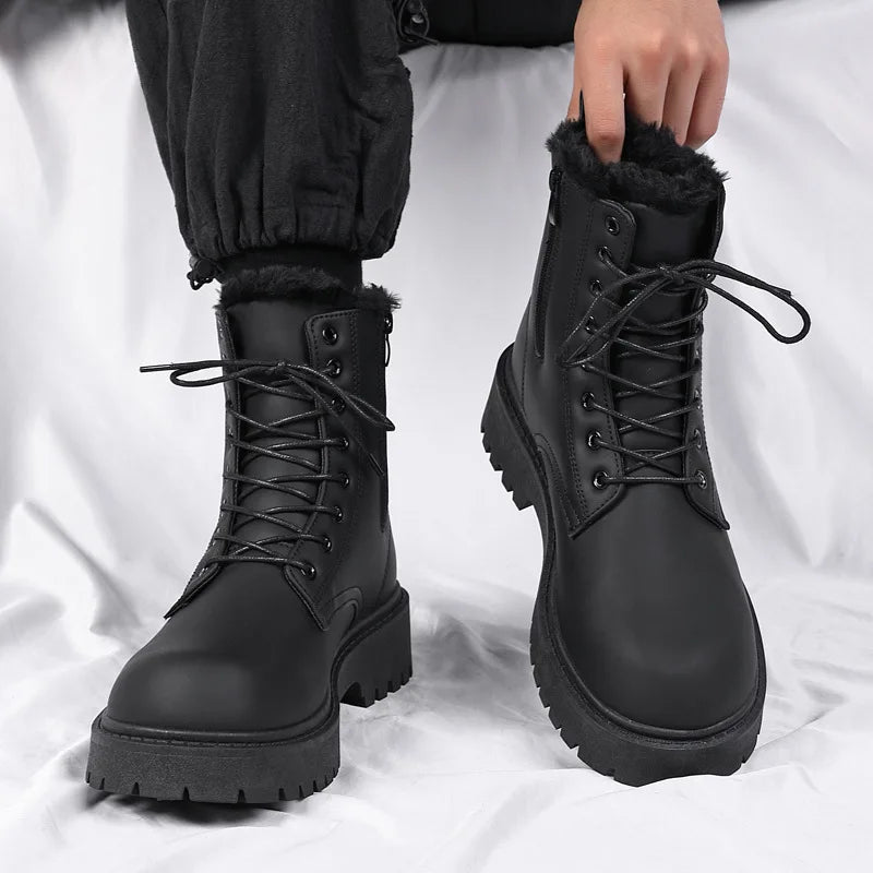 Black Leather Boots for Men High Top Platform Lace Up Light Fashion Motorcycle Boots British Style Men's Waterproof Casual Boots