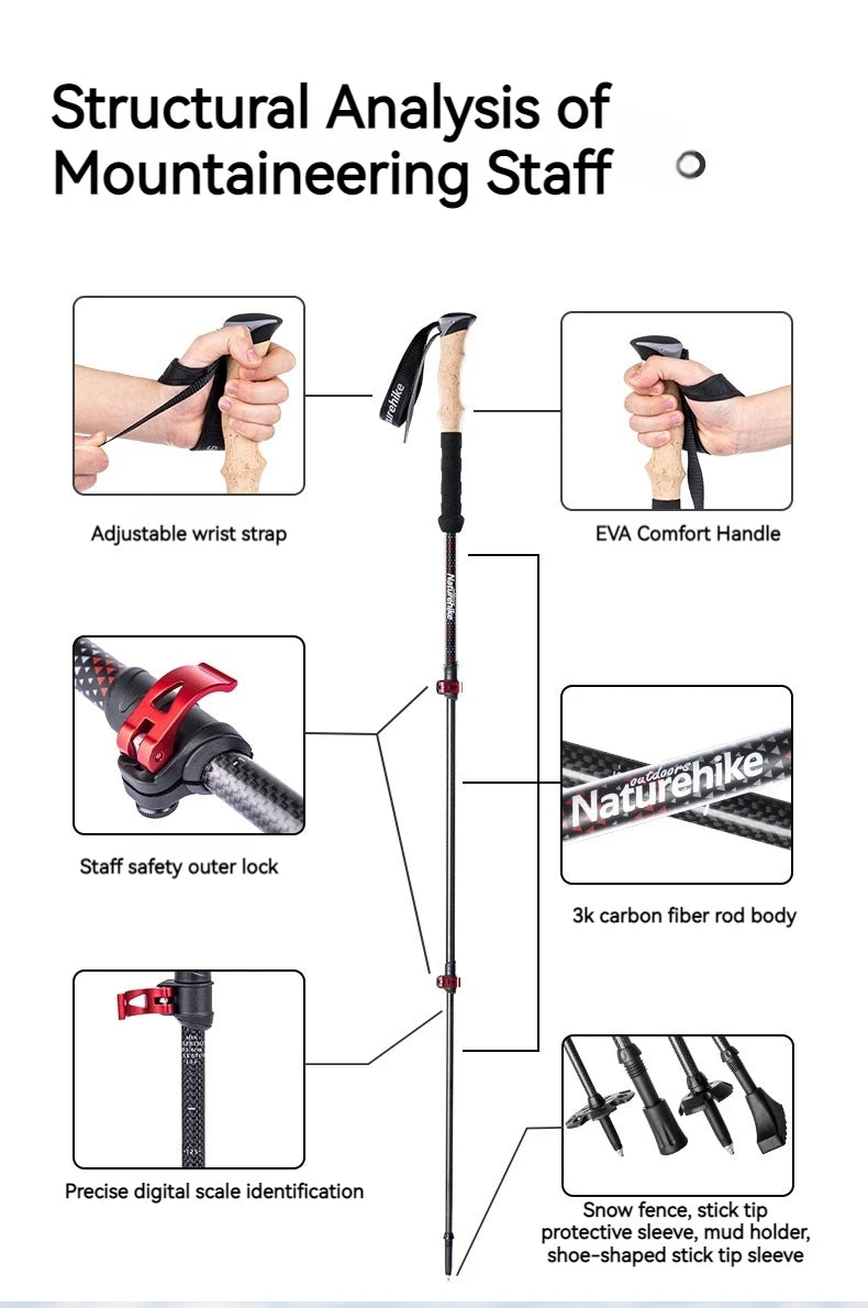 Naturehike Trekking Pole 2pcs 62-135cm 3Sections Carbon Fiber Telescopic Walking Stick Outdoor Hiking Canes Ultralight Climbing