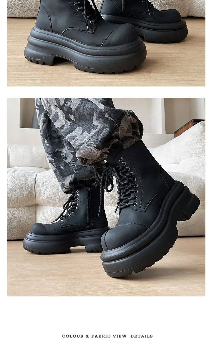 Black boots for men thick sole 7CM height increase high top motorcycle boots trendy and fashionable outdoor workwear shoes