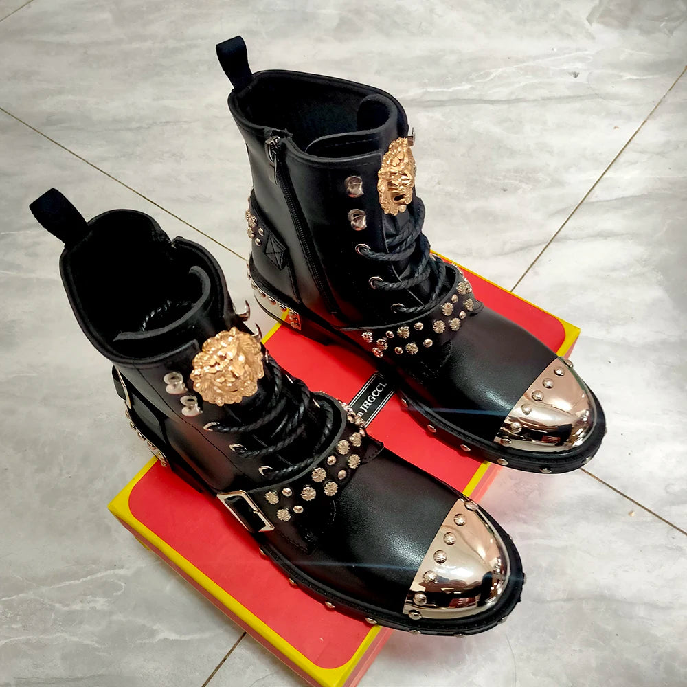 New high quality heavy metal men's fashion motorcycle casual popular ankle boots Autumn winter luxury tall boots pocket boots A6