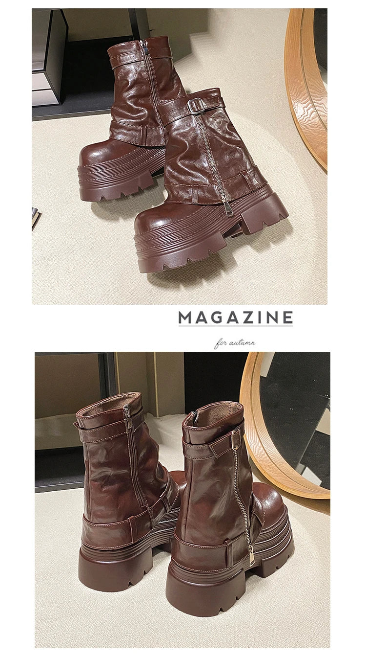 Women's Autumn Winter Leather Ankle Boots 10CM Heels Chunky Platform Combat Boots New Non Slip Motorcycle Shoes Woman Punk Boots