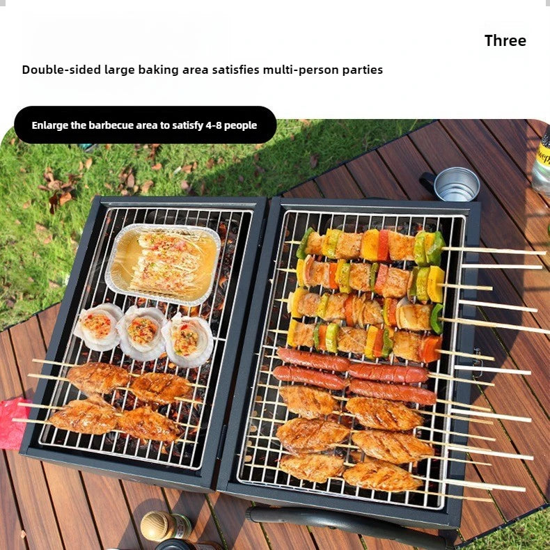 Carbon Steel Outdoor BBQ Grill  Dual-Sided Griddle with Independent Charcoal Tray Foldable Camping Gear  Handheld BBQ Grill