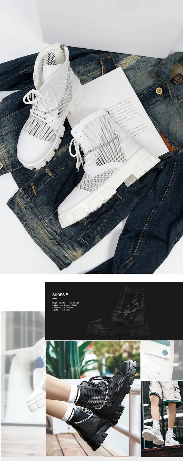 2024 New Summer Men's Boots Thick Bottom Mesh Surface Breathable Hollow Out Chain Short Boot Male Autumn Fashion Casual Shoes