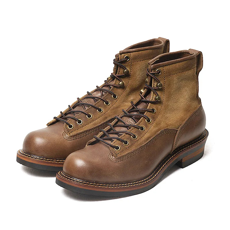 Retro Mens Motorcycle Boots Genuine Cowhide Leather Motorbike Riding Boots Vintage Hight-Top Moto Boots Motocross Ankle Shoes