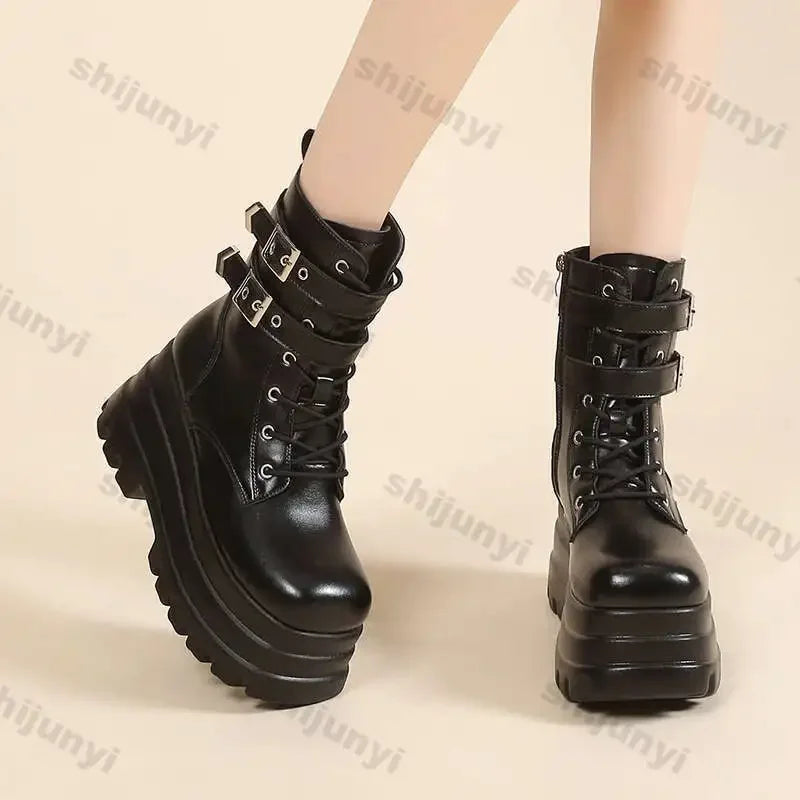Women Boots British Belt Buckle 2025 Autumn New Height Increasing Thick Soled Short Boot Lace Up Zipper Fashion Motorcycle Boots