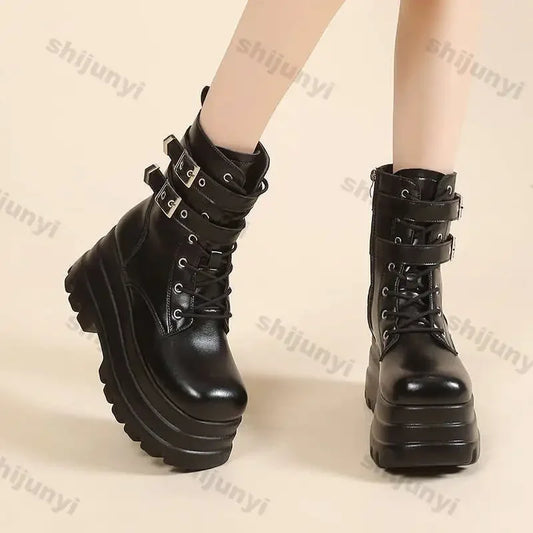Women Boots British Belt Buckle 2025 Autumn New Height Increasing Thick Soled Short Boot Lace Up Zipper Fashion Motorcycle Boots