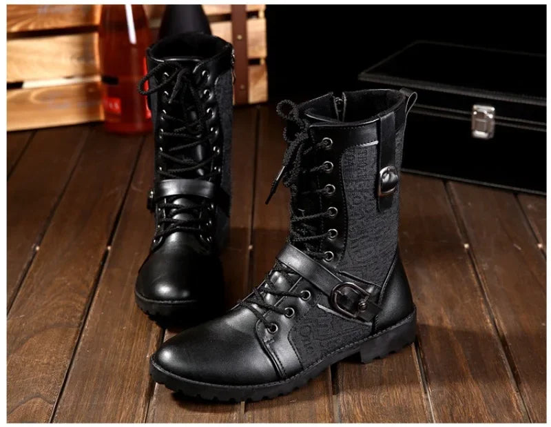 2025New Men Boots Fashion Mid-calf Boots Trend Motorcycle Boot High Top Casual Boots for Men Plush Warm Winter Boot Botas Hombre