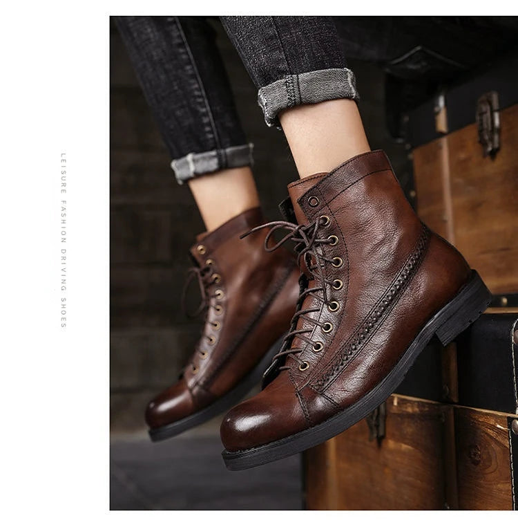 Retro Men Boots Handmade Toe Polish Men Ankle Boots Casual Leather High-top Shoes Platform Motorcycle Booties New Bota Masculina