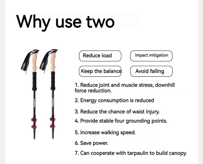 Naturehike Trekking Pole 2pcs 62-135cm 3Sections Carbon Fiber Telescopic Walking Stick Outdoor Hiking Canes Ultralight Climbing