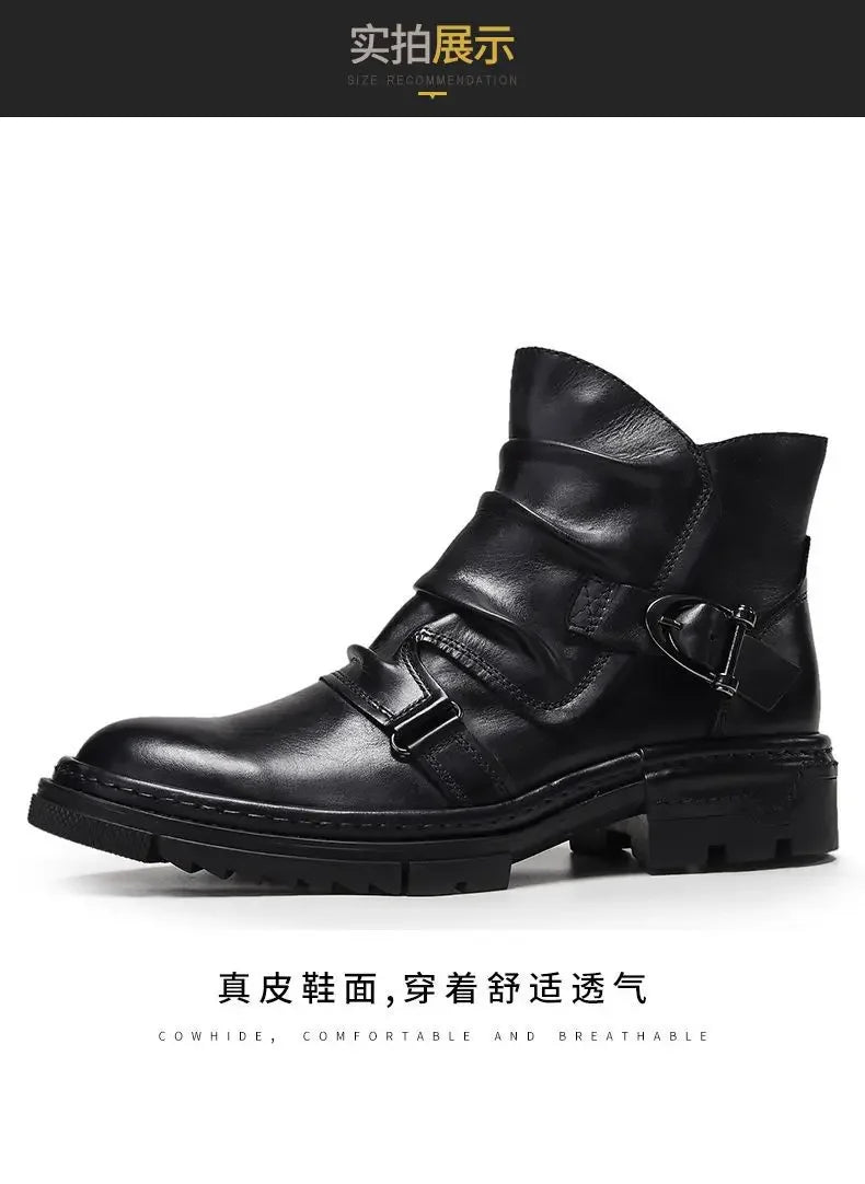 2025 Retro Men's Motorcycle Leather Boots British Style Round Head High Top Shoes Casual Platform Boots Moto Street Gear