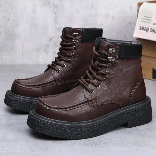 Leather Male Casual Shoes High Quality Comfortable Motorcycle Boots New High Top Man Botas Fashion Mens Lace Up Walking Boots