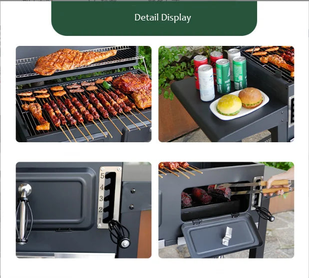 Portable Outdoor Bbq Wood  Grills Large Duty Charcoal Bbq Grill Trolley Smoker Barbecue Grill With Foldable Double Side Table