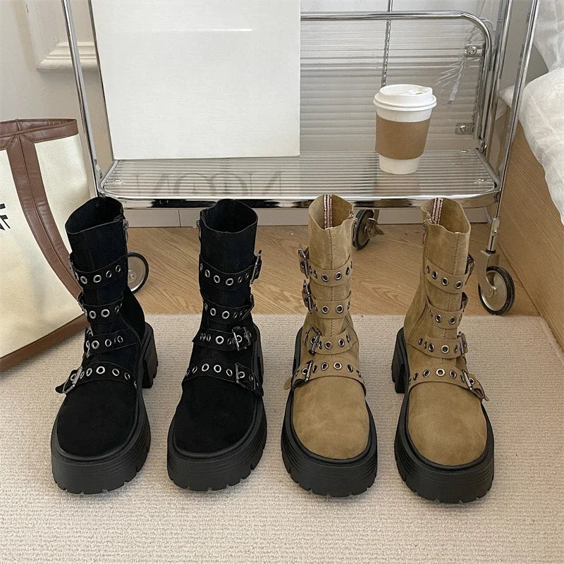 2025 Spring New Brown British Style Platform Women's Boots Fashion Simple Korean Women's Shoes