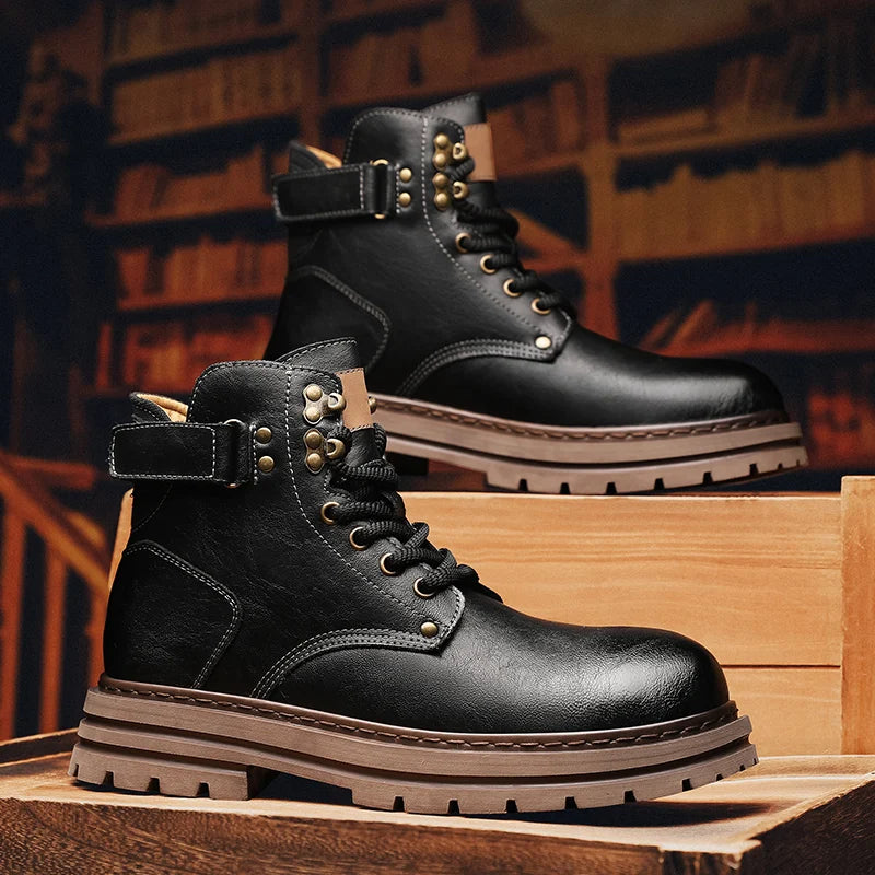 Top Quality Vintage Leather Men's Snow Boots Fashion Genuine Leather Man Ankle Boots Lace Up Outdoor Motorcycle Boots Walk Shoes