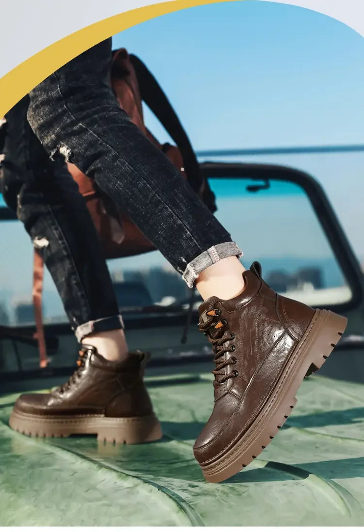 COZOK Men's Shoes Genuine Leather High Top Shoes Male Comfortable Sneakers Motorcycle Boots Male Lace-Up Winter Plush Snow Boots