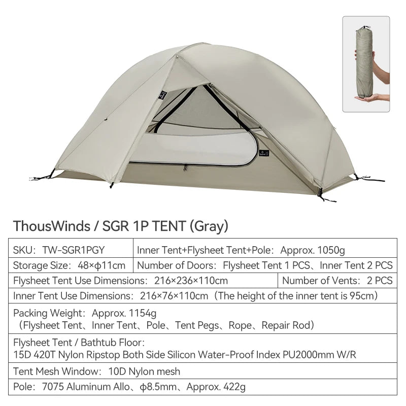 Thous Winds SGR 1-Person Backpacking Tent, 3-Season Ultralight Hiking Tent, 15D Nylon Ripstop Both Side Silicon Camping Tent