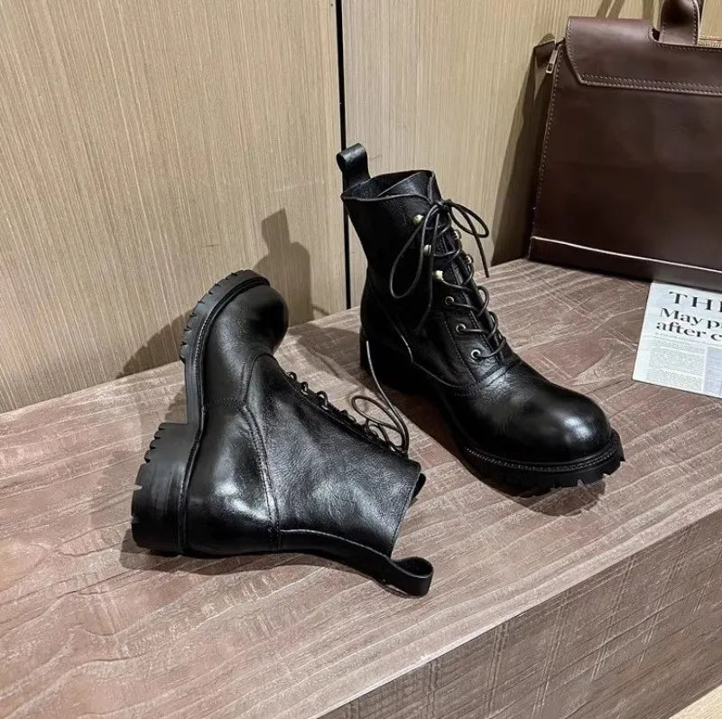 Vintage Mens Round Toe Lace Up High Top Work Safety Shoes Cowhide Genuine Leather Ankle Boots British Motorcycle Riding Boots 45