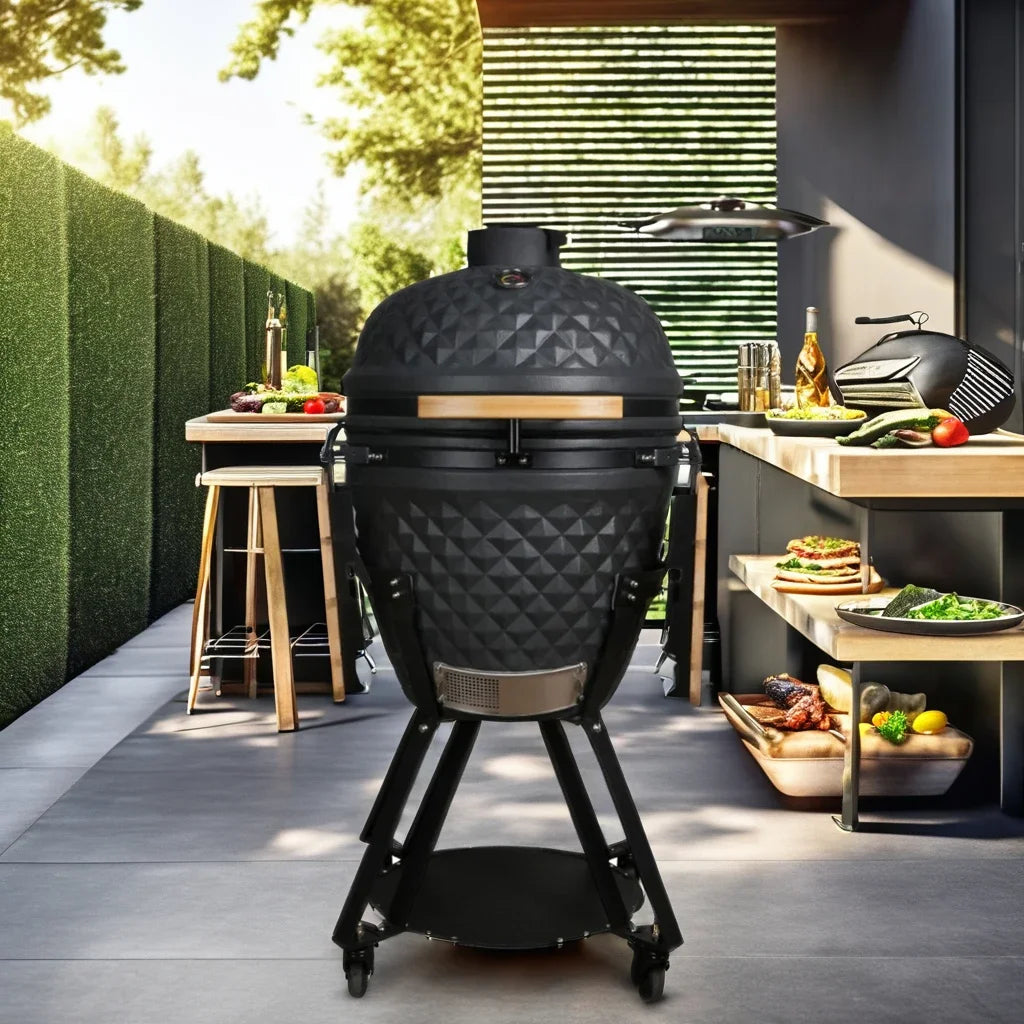 21-Inch Indoor/Outdoor Kamado  Ceramic Grill Oval Egg BBQ with Steel Iron Garden Camping  Ceramic BBQ