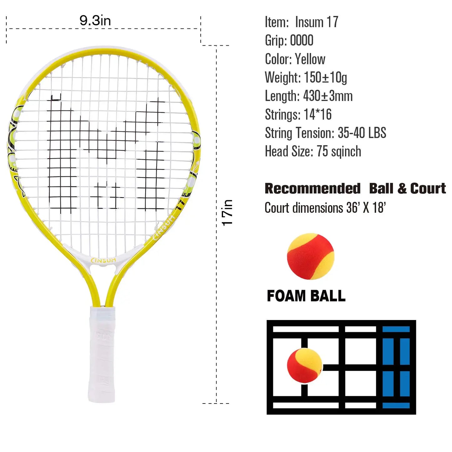 17" Kids Tennis Racket Best Starter Kit for Kids Age 4 and Under with Shoulder Strap Bag and Tennis Racket Toddler Tennis Raquet