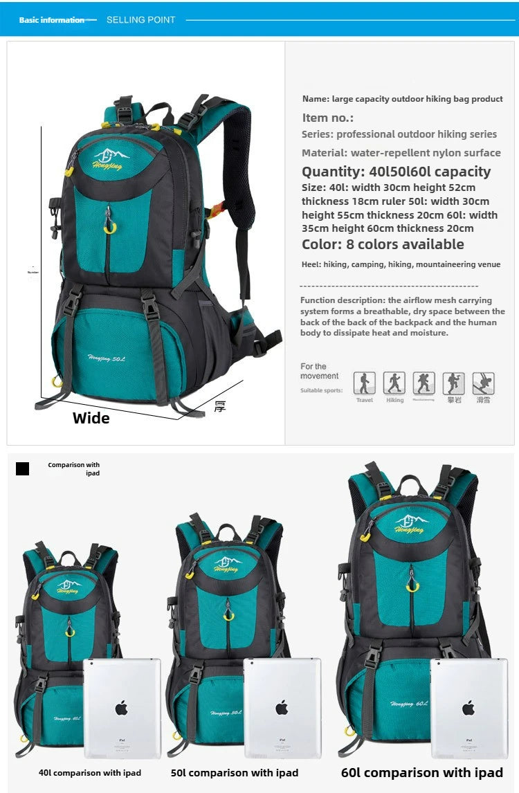 60L Large Capacity Hiking Backpack Men Outdoor Mountain Backbag Male Sport Back Pack Leisure Teens Travel Package Black