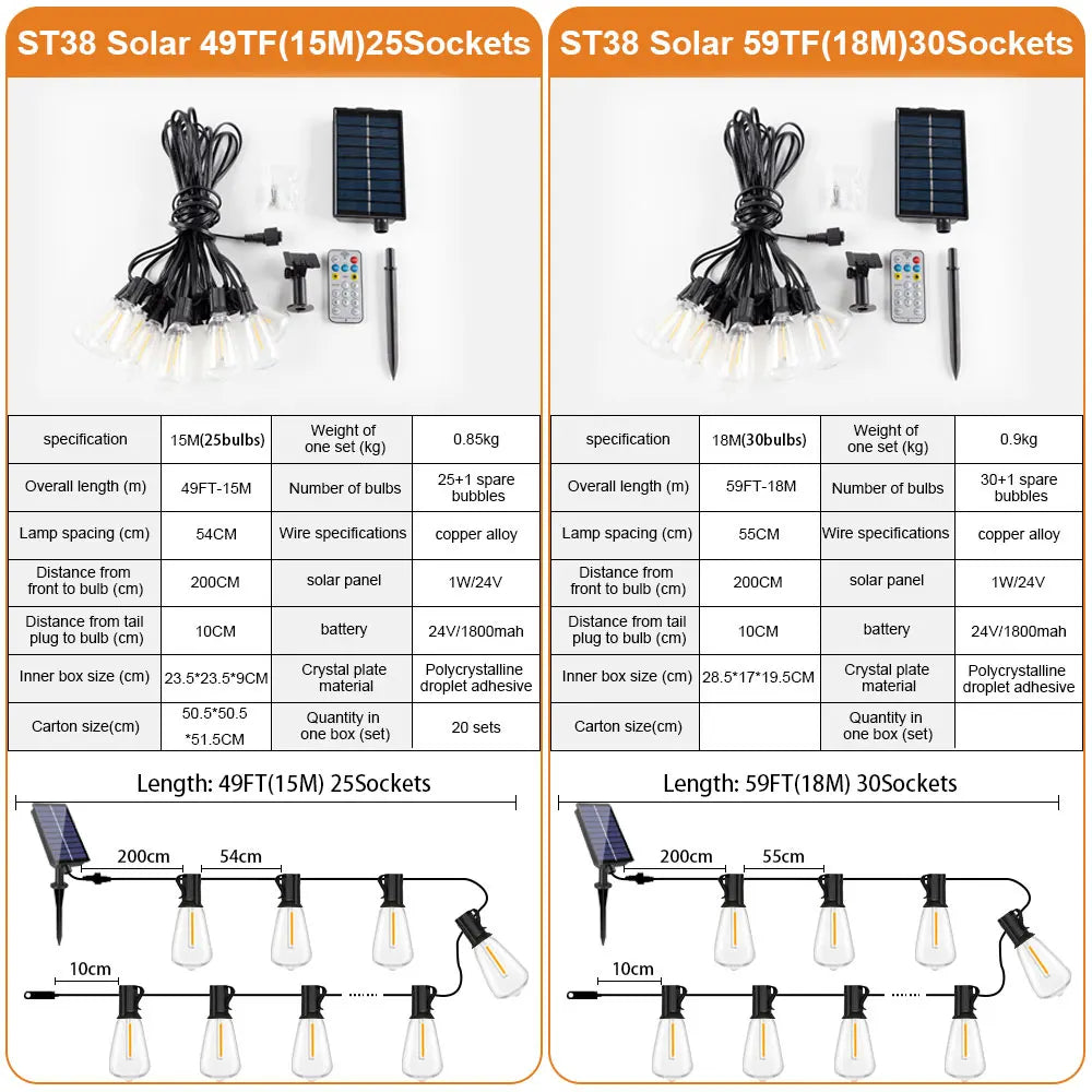 ST38 Solar String Light Outdoor Garland Led Waterproof  Shatterproof Solar String Lights for Outside Camping Yard Party Decor