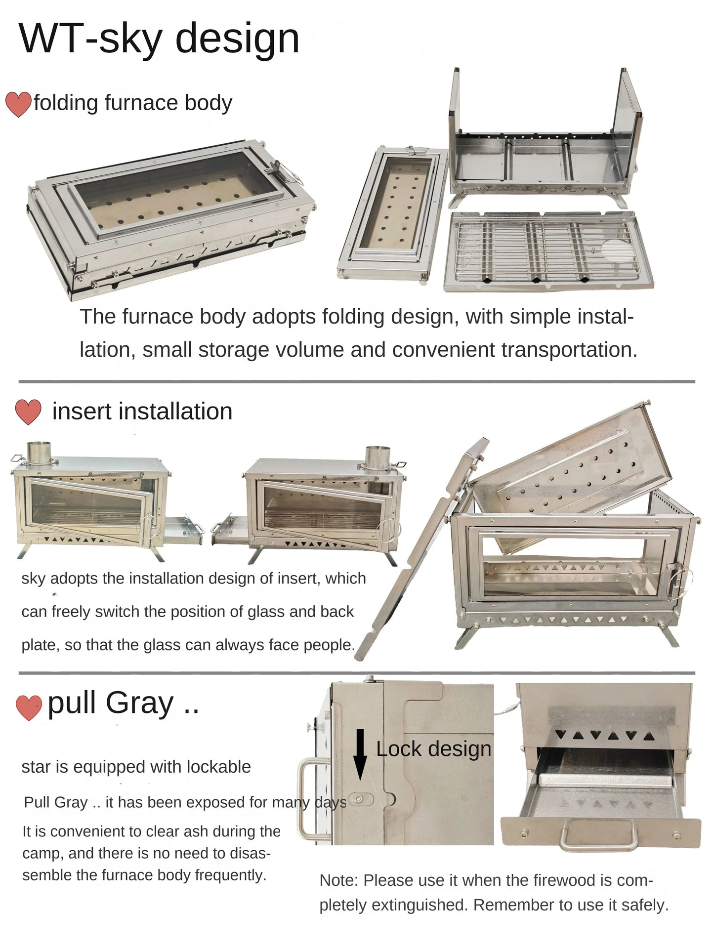WT-Sky-430 Folding Fireplace Multifunctional Wood Stove Secondary Air Intake Outdoor Camping Heating Stove