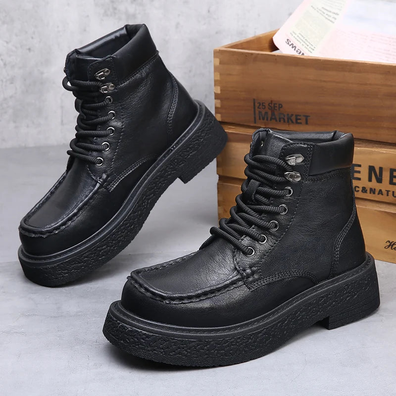 Leather Male Casual Shoes High Quality Comfortable Motorcycle Boots New High Top Man Botas Fashion Mens Lace Up Walking Boots