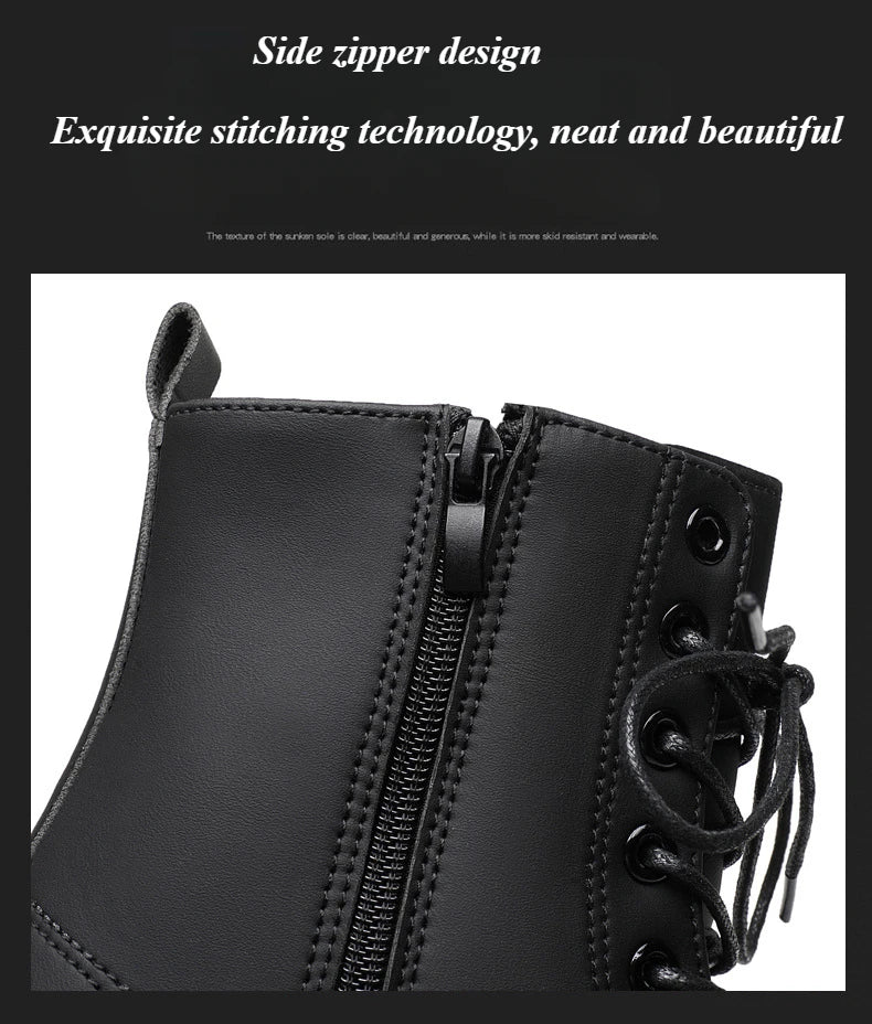 Black Leather Boots for Men High Top Platform Lace Up Light Fashion Motorcycle Boots British Style Men's Waterproof Casual Boots