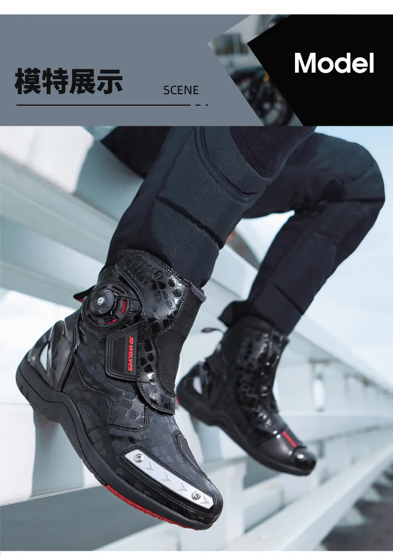 Motorcycle Boots Man Waterproof Studded Boots Hook and Loop Fasteners Wear-Resistant Motorcycle Shoes Anti-Slip Anti-Fall