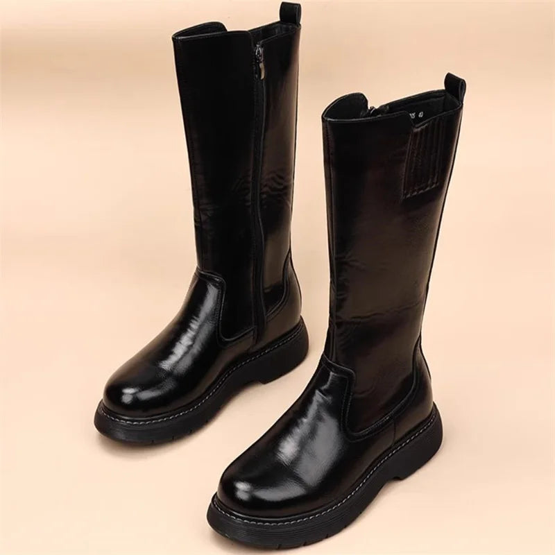 Size 38-43 Top Quality Mid Calf Punk Style Motorcycle Riding Boots Men Shoes Fall Winter Flat Heels Long Boots Male