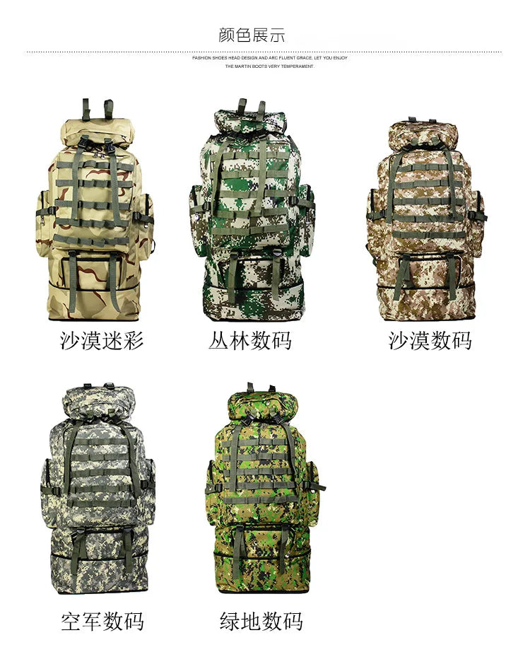 70-100L Outdoor Camping Travel Sports Backpack Military Camo Tactical Bag Large Capacity Waterproof Hiking Mountain Climbing Bag
