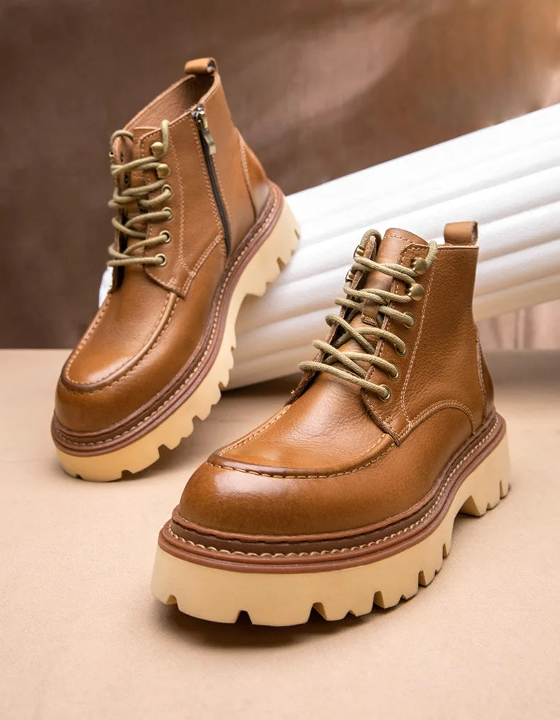 Men's Motorcycle Boots Genuine Leather High Top Motorbike Ankle Boots Thick Soled Vintage Round Toe Casual Punk Dress Shoes