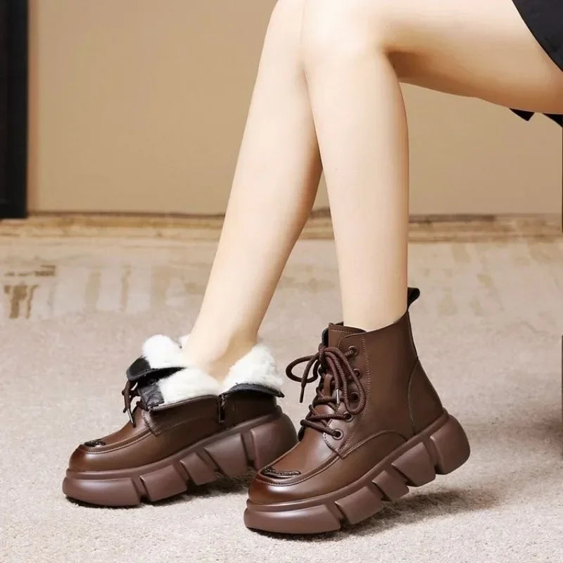 Women's Boots  Winter New Fur Snow Boots Platform Plush Comfortable Anti Slip Warm Lace Up Cold Proof Cotton Ankle Boots