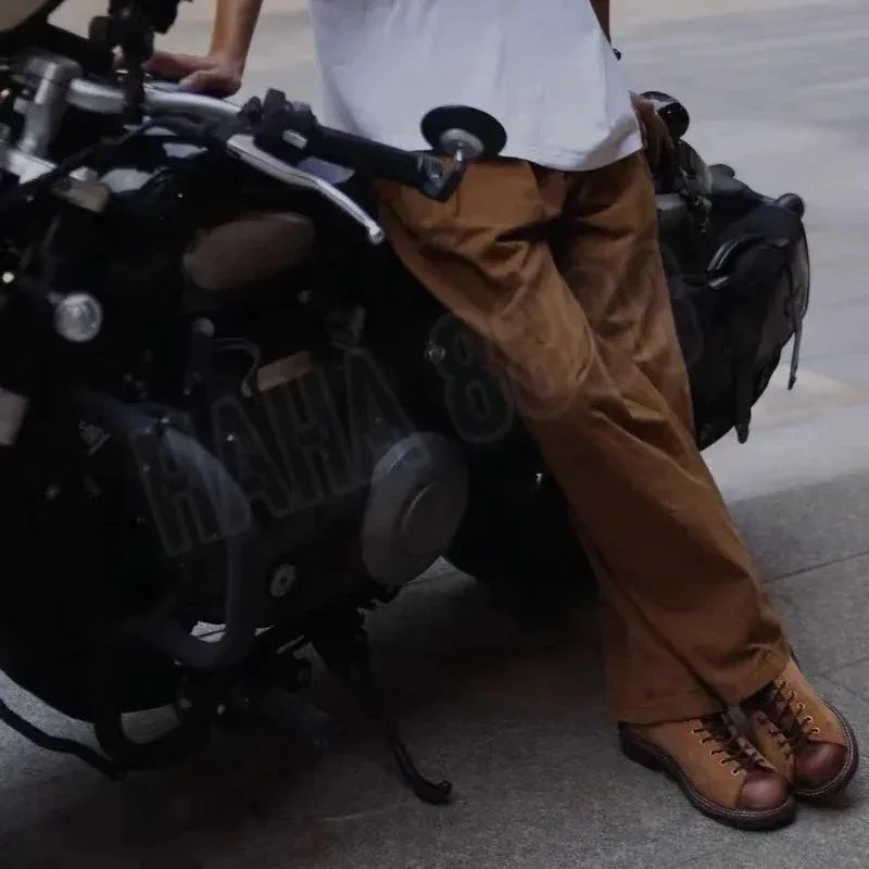 KOWM cowhide Hiking shoes men's trekking boot British ankle casual sneakers trekking shoes thick soled high top motorcycle boots