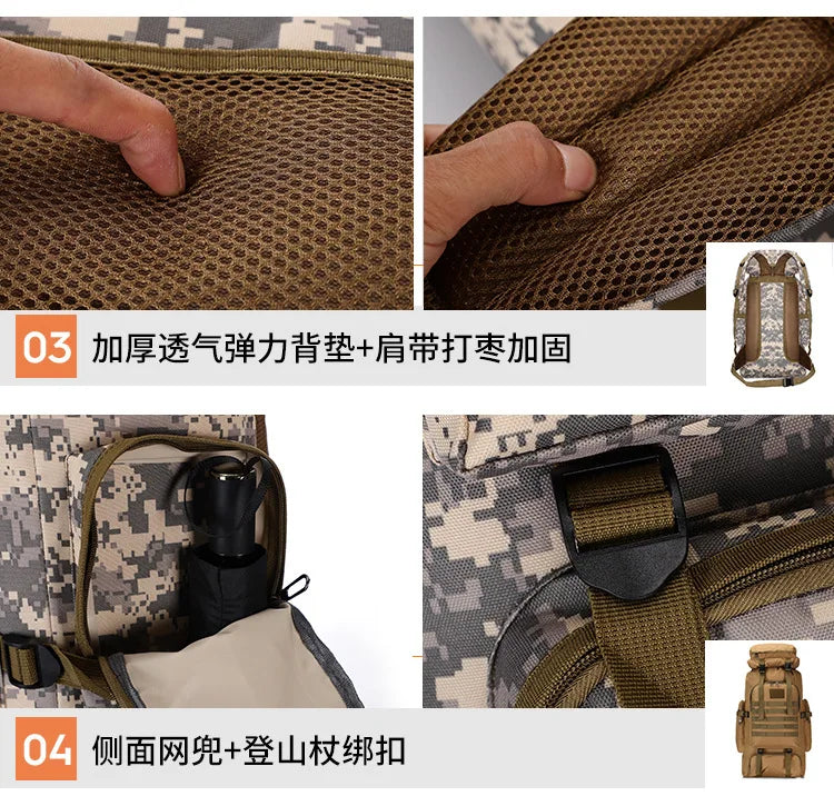 80L Waterproof Molle Camo Tactical Backpack Military Army Hiking Camping Backpack Travel Rucksack Outdoor Sports Climbing Bag