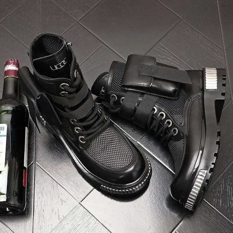 2025 New Men's Thin High-Top New Mid-Calf Motorcycle Height Increasing Insole Summer Ankle Boots Hollow out