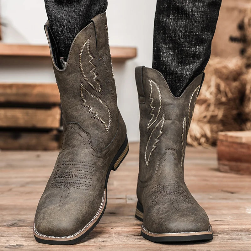 Western Style Cowboy Chelsea Boots Vintage Mid-calf Boots Pointed Toes Classical Shoes Genuine Leather Worker Winter Booties