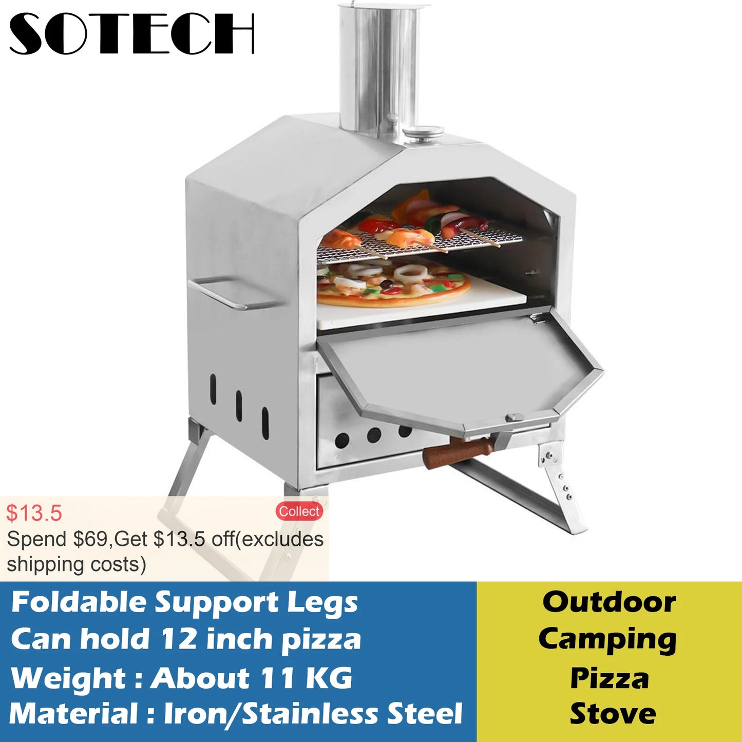 Outdoor Pizza Oven Carbon Steel Firewood Stove 12" Pizza Grill for Camping Hiking Picnic Barbecue Roast High-capacity Pizza