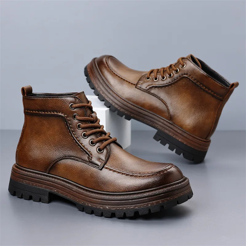 2025 Autumn Winter New Platform Boots for Men Keep Warm Fashion Casual Ankle Boot Male Solid Color Outdoor Cow Leather Shoes Man