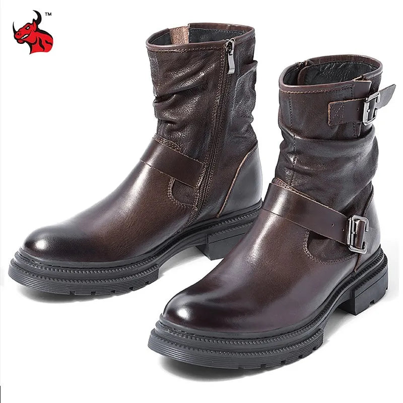 Waterproof Motorcycle Boots Autumn Quality Genuine Leather Retro High Top Motorbike Boots Wear Resistant Moto Riding Shoes