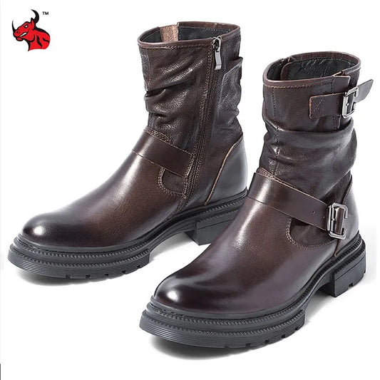 Waterproof Motorcycle Boots Autumn Quality Genuine Leather Retro High Top Motorbike Boots Wear Resistant Moto Riding Shoes
