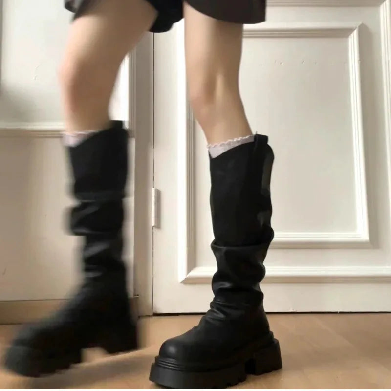 Size 35-42 Big Round Toe Punk Block Heel Motorcycle Boots Platform Lace-Up Mid Calf Work Boots Cool Fashion Boot