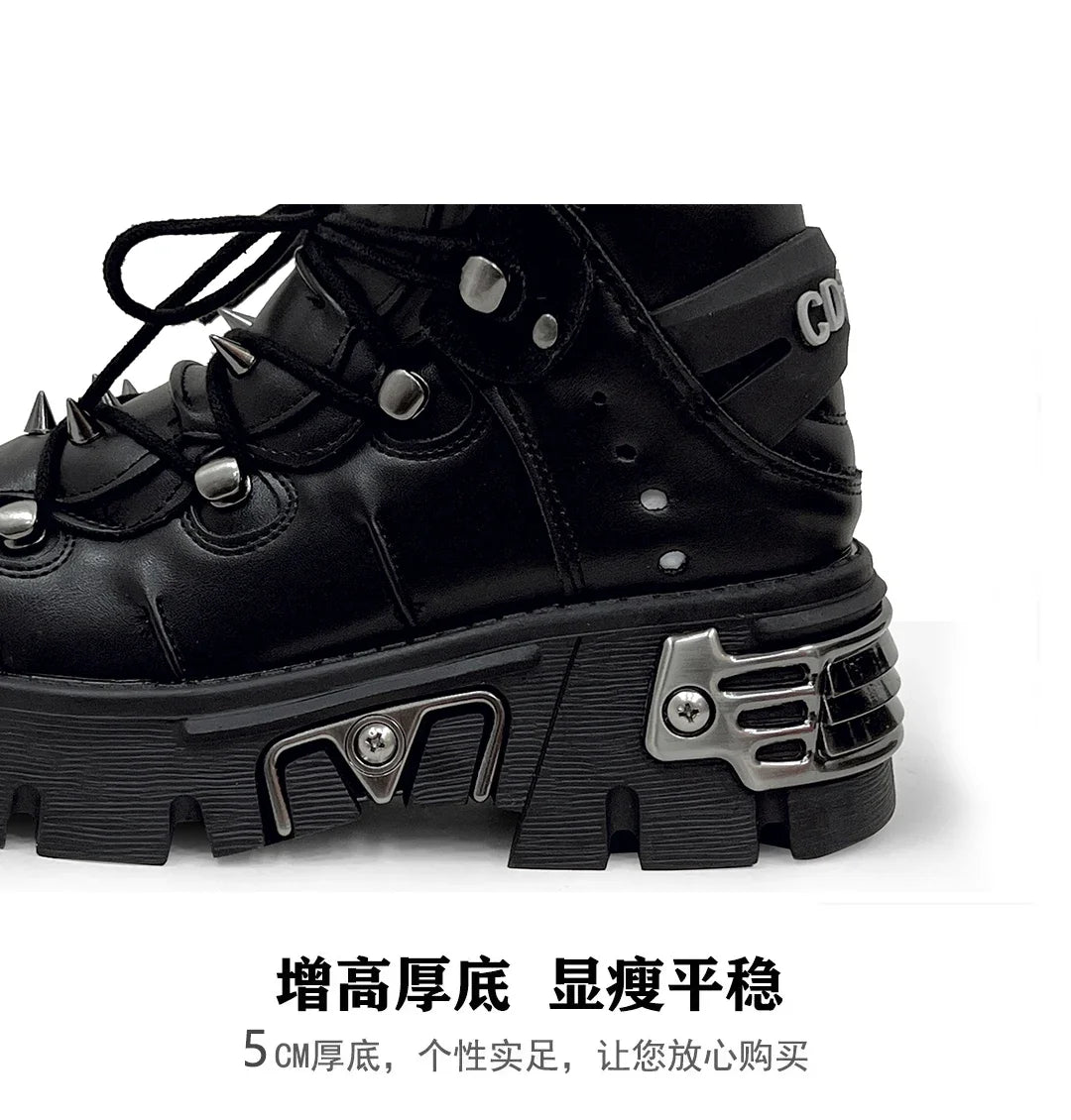 Fashion Men's Genuine Leather Motorcycle Boots,Retro Goth Punk Metal rivet Rock Skull Ankle Boots,Women Platform Work Shoes 48