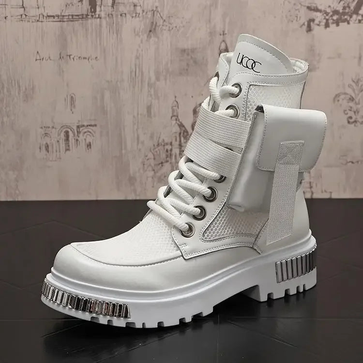 2025 New Men's Thin High-Top New Mid-Calf Motorcycle Height Increasing Insole Summer Ankle Boots Hollow out