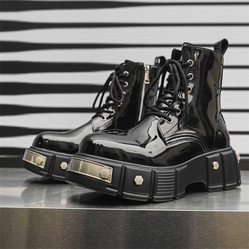 men's casual punk goth dress patent leather boots brand designer shoes cowboy platform boot cool long motorcycle botas masculina