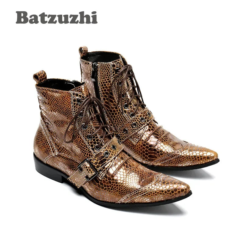 NEW Western Punk Men Boots Ankle Golden Leather Short Boots Rock Winter Autumn Motorcycle Boots Men botas hombre,US6-12