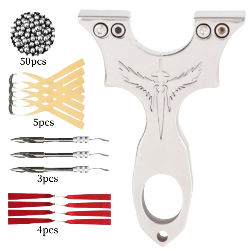 New Stainless Steel CNC Wire-cut Slingshot Exquisitely Carved Patterns High-quality Shooting Catapult Set with Rubber Band