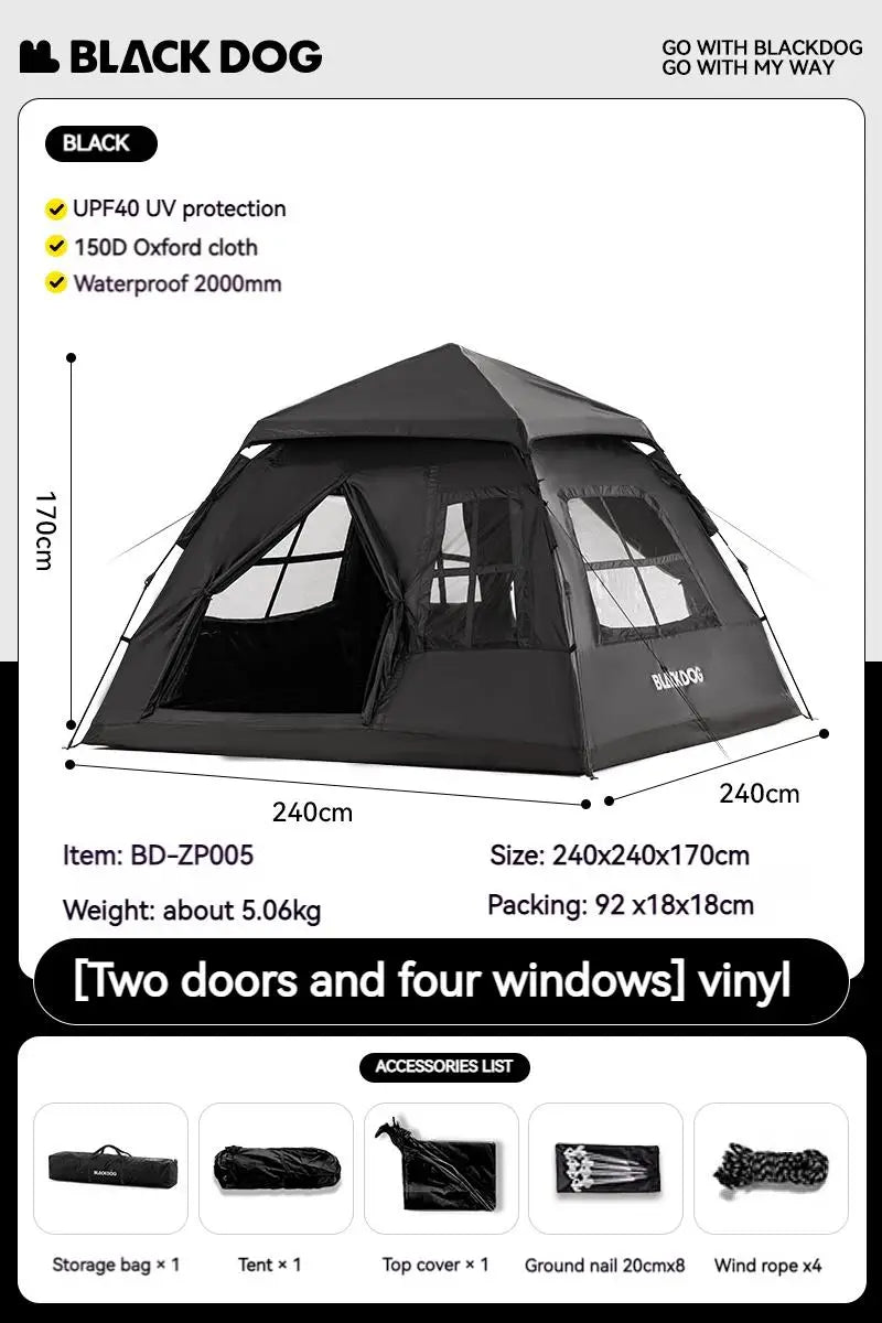 Naturehike BLACKDOG Automatic Tent Black Coating Two Doors Four Windows Camping Outdoor Sunscreen Waterproof Quick Opening Tent