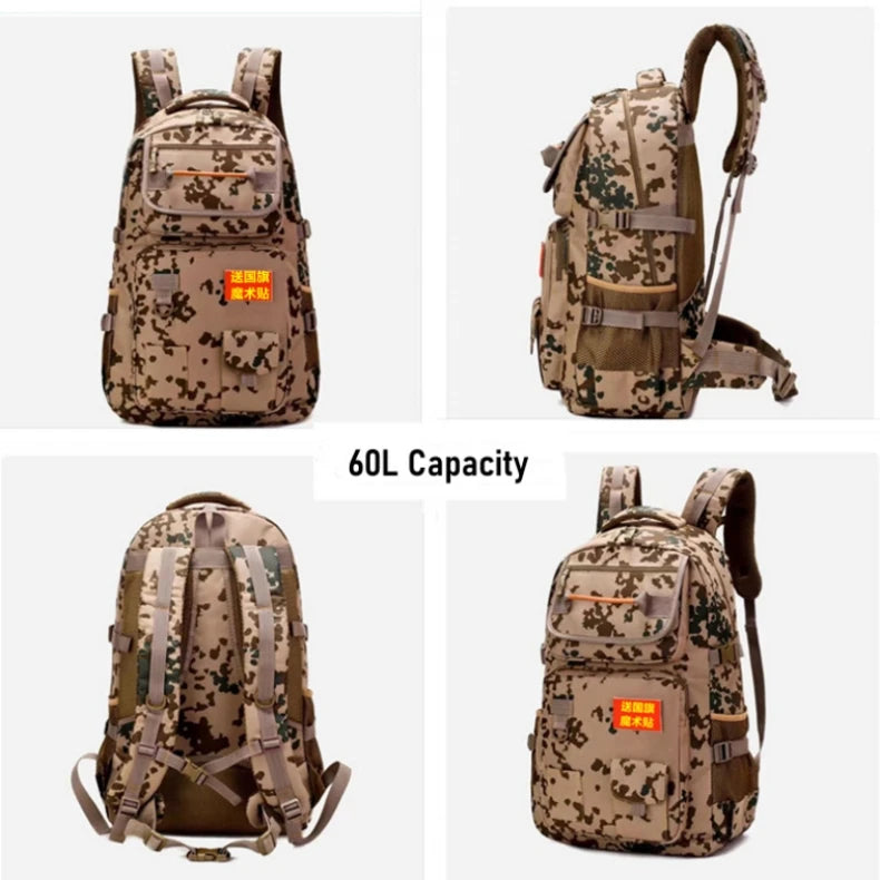 60L Outdoor Hiking Sports Backpack Large Capacity Camping Travel Climbing Bag Camo Military Tactical Rucksack Student Work Pack